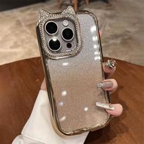 Luxury Plating Glitter Diamond Cat Ear Camera Protection Phone Case for iPhone 15 14 13 12 16 Pro Max Shockproof Silicone Cover For iPhone 16 auksas