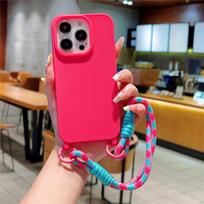 Nešiojimo riešo dirželis Laidas Virvutė Pakabukas Saldainių spalvos telefono dėklas iPhone 16 15 11 12 13 14 Pro Max Plus X XS minkštas silikoninis dangtelis For iPhone 16&Case & Strap rožinė raudona spalva