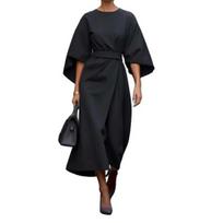 Lady Midi Dress Three Quarter Dolman Sleeves Slim High Waist Solid Color Round L juoda