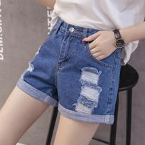 High-waisted Ribbed Denim Shorts Women's Summer Fur Baggy All-match Student Wide Leg Hot Pants S tamsiai mėlyna spalva