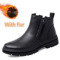 Man Winter Chelsea Boots Fur Warm Male Casual Genuine Leather Shoes Designer Men'S Dress Boot Handmade Zipper Business Footwear 44 black