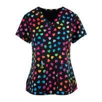 Summer Women Working Uniform Heart-shaped Print Short Sleeve V-neck T-shirt Tops Femme Blouse Nurse Work Wear Size XXS-6XL XXS black