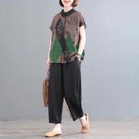 Suit Plus Size Women's Summer Short-sleeved T-shirt Top Loose Nine-point Pants Two-piece Suit XXL žalia