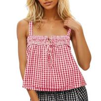 Yousheng Sexy Vest Women Plaid Print Sling Top with Lace-Up Detail Loose Fit Short Tank Tops Adjustable Chest Decoration Vest S raudona