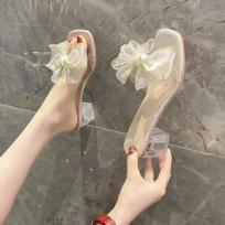 Open Toe on Word Job Clear Outside Pearl with Bow Transparent Low Heel Off White Slides Women's Slippers and Ladies Sandals 38 balta