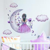 Butterfly Little Girl Grey Moon Clouds Sienos lipdukai Nuimami viniliniai namų dekoro elementai