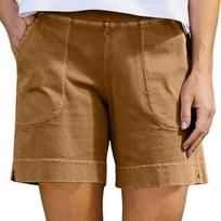 Women's Cotton Linen Shorts Elastic Waist Baggy Short Pants with Pockets Casual Knee-Length M chaki