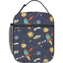 Stars Planet Spaceship Rocket Lunch Bag for Men Boys Insulated Lunch Box Reusable Waterproof Portable Thermal Bento Tote Bag 26x21x11CM smėlis