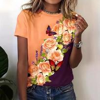 Summer Round Neck 3D Colorful Flowers Print Top Fashionable Casual Short Sleeved Women's T-shirts XS
