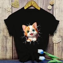 Hot Cute Cat Print Short Sleeve T Shirts Women Casual Shirts Summer Women'S Crew Neck T-Shirts M juoda