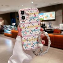 Cute Bling Diamond Colorful Pearl Flower Wrist Strap iPhone Case for iPhone 16 15 14 Pro 13 12 11 Max Plus Protective Cover For iPhone 16 Pro Max