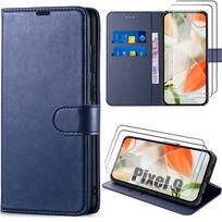 Case + 2 Tempered Glasses for Google Pixel 9, Wallet Protection Anti-Scratch PU Leather Navy Blue