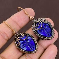 Blue Cameo Face Handmade Copper Wire Wrap Jewelry Earring 2.44 c0o35