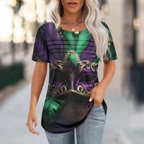 Women's Carnival Mask Print Short Sleeve Loose Round Neck Pleated Top L juoda