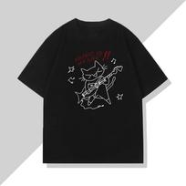 Rock Cat Music Is My Life Pattern Printed T Shirt Women and Men Casual Loose Rock Funny Round Neck Short Sleeve Top Unisex XXXXL