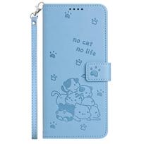 Mėlyna žaisminga katės tema odinė piniginė-stovas telefono dėklas iPhone Samsung Huawei Honor Xiaomi Redmi Oppo Infinix Tecno Google... Sony Xperia 1 VII mėlyna