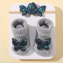0-1Y Lovely Cartoon Baby Socks Hair Band Set Infant Toddler Non Slip Breathable Short Socks Newborn Headband Gift Photo Props gray