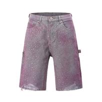 RogueWave Streetwear Full Rhinestone Print Baggy Jeans Shorts for Men Ripped Hole Washed Short Casual Loose Denim Five Point Pants Asian M(30)