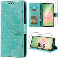 Case for Samsung Galaxy A56 5G - BOOLING - Shockproof Synthetic Leather Green Mandala Pattern - 2 Tempered Glasses žalia