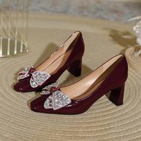 Square head high heels women's bow rhinestone red wedding shoes bride shoes new thick heel single shoes 34 bordinė