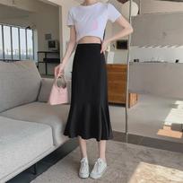 2024 Women's Plus Size A-Line Midi Skirt: Elastic Waist, Irregular Black Fishtail Design 3XL juoda