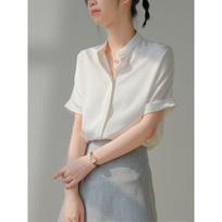 2023 Summer Women's Short Sleeve Satin Blouse - Light Apricot with Collared Neck Small balta