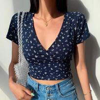 Women's Retro Floral V-Neck Slim Fit Crop Top Tee S tamsiai mėlyna