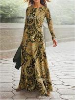 European and American Cross-Border Ethnic Print High-Waisted Long-Sleeve Oversized Dress M auksas