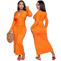 Original European & American V-Neck Button Shirt Dress - Women's Pleated Solid Color Long Dress L