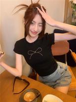 2024 Summer Women's Black Diamond Bow Short Sleeve Crop Top Medium juoda
