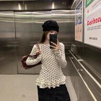 Women's Spring Long Sleeve Polka Dot Ruffle Top - Slimming and Sweet Style Small