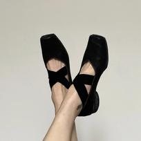 Cowhide version~ Square head leather ballet single shoes women's cross strap thick heel Mary Jane small leather shoes ladyshoes 35