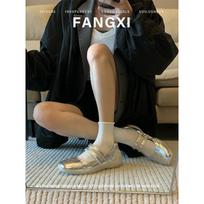 Cowhide version silver ballet sports and leisure shoes flat-soled single shoes women's shallow mouth square head thick sole Mary Jane shoes 35