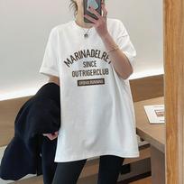 With shark pants cotton short-sleeved t-shirt women's medium and long loose large size top white bottoming shirt spring and summer tide S