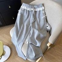 Lace Lace Splicing Drawstring Sweatpants Women's Spring Loose Straight High Waist Casual Leggings S pilka spalva