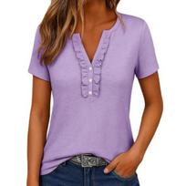 Women Tops V Neck Ruffle Trim Buttons Half Placket Short Sleeve Regular Fit Casual T-shirt Pure Color Summer Tops S violetinė