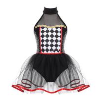 Girls Clown Tutu Dress Halter Neck Sequins Checkerboard Bodysuit Halloween Dancewear Costume 5-6 Years juoda