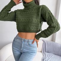 Moterų rudens žiemos laisvalaikio Twist ilgomis rankovėmis vėžlys Crop Knit megztinis SL S armijos žalia spalva