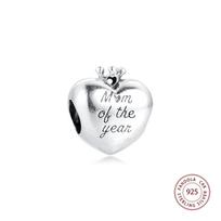 Fits Europe Bracelet 925 Sterling Silver Mum of The Year Heart Charms Beads Women DIY Jewelry Making white