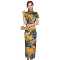 „Midi Cheongsam“ glotnus persirengimas juosmeniu aptempęs Pasakų kinų raštas „Cheongsam“ tradicinis vestuvių „Qipao“ vakarėliui XL geltona