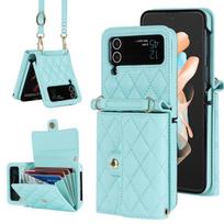 For Coque Samsung Z Flip 4 Case Luxury Pu Leather Crossbody Lanyard Holder Magnetic Snap Wallet Phone Cover For Galaxy Z Flip3 Case  Strap žalia