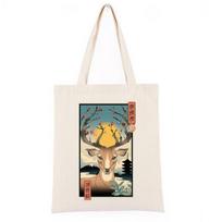 Women Shopping Bag  Japanese Spring In Nara Deer Vintage Black Canvas Bag Khaki Shoulder Handbag Teacher Gift Bolsos 24*26cm smėlis