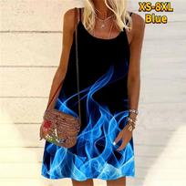 Women Flower A Burning Flame Printed Mini Dress Sleeveless Party Dress Summer Beach Dress Sundress XS mėlyna