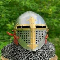 Viduramžių Bascinet šalmas Bascinet Hounsell Chainmail riterio plieno šalmas, mūšio kario kostiumas su stendu, dovana beige