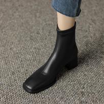 Krazing Pot Microfiber Autumn Winter Shoes Square Toe Med Heels Slip on Office Lady Women Stretch Ankle Boots 34 juoda