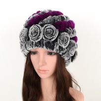 Women's Hat Winter Real Rabbit Fur Hat Floral Solid Skulls Beanies Hand Knitting Female Snow Capshat gray