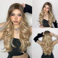 Ombre Brown blond perukas ilgas banguotas vidurinės dalies kostiumas Cosplay Party Sintetinis perukas moterims Afro karščiui atsparus pluoštas aukso rudos spalvos