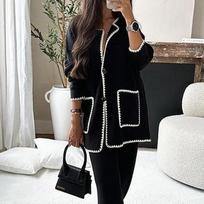 Madingi „Patchwork“ kišeniniai paltai ilgomis rankovėmis moterims Elegantiškas kardiganų striukė Mezgimas Crop Moteriški paltai Šilti viršutiniai drabužiai Dviejų dalių XS gray