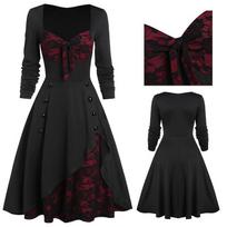 Women's Fashion Slim-fit Lace Ethnic Style Vintage Stitching Long Sleeve Flower Dress L žalia