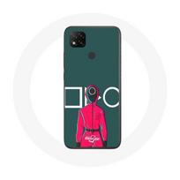 Coque Xiaomi Redmi 9C Squid Game Soldat Rouge avec Masque Cercle Fond Vert